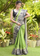 Gray & Green Design Cotton Linen Saree