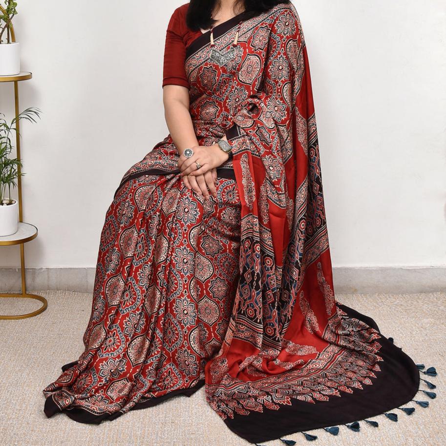AJRAKH MAROON MODAL SILK DIGITAL PRINTED SAREE