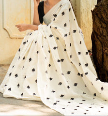 Designer Pure White Play Cotton Linen Saree