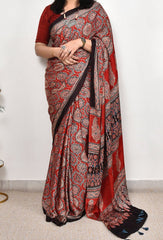 AJRAKH MAROON MODAL SILK DIGITAL PRINTED SAREE