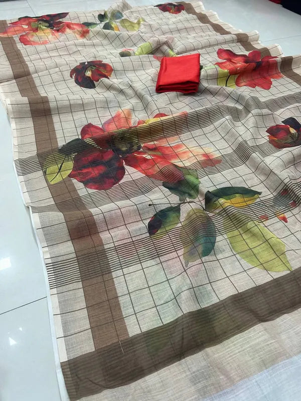 Beige Leaf Designer Linen Saree