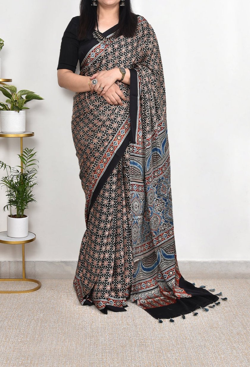 AJRAKH BLACK AND STAR  MODAL SILK DIGITAL PRINTED SAREE
