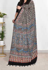 AJRAKH BLACK AND NAVY BLUE  MODAL SILK DIGITAL PRINTED SAREE