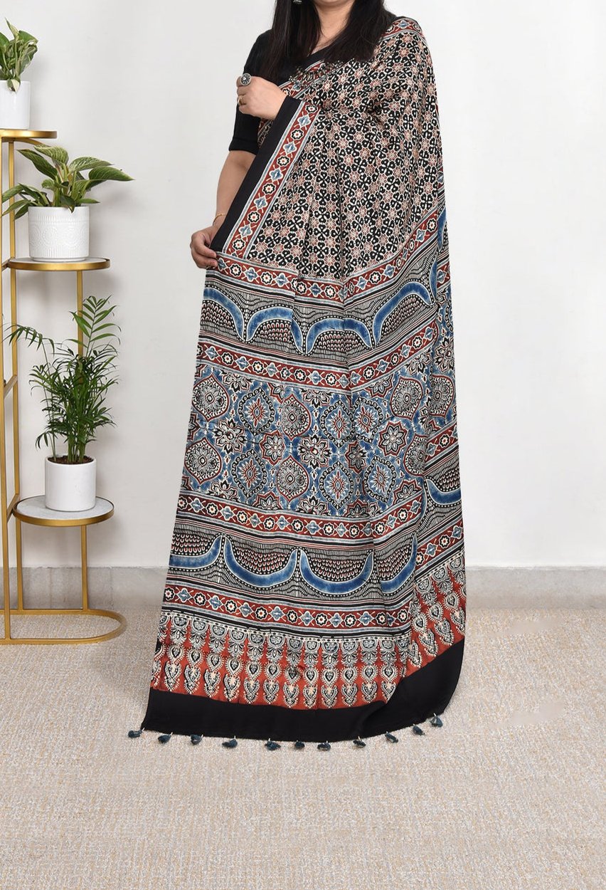 AJRAKH BLACK AND STAR  MODAL SILK DIGITAL PRINTED SAREE