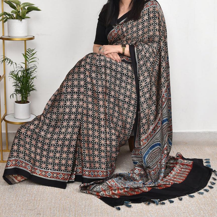 AJRAKH BLACK AND NAVY BLUE  MODAL SILK DIGITAL PRINTED SAREE