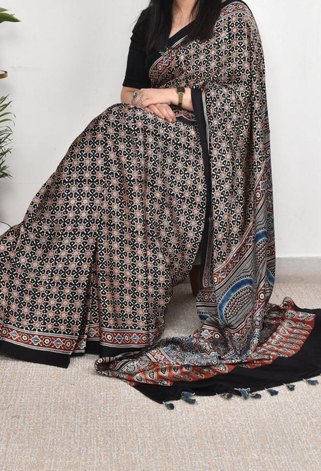 AJRAKH BLACK AND STAR  MODAL SILK DIGITAL PRINTED SAREE
