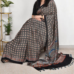 AJRAKH BLACK AND NAVY BLUE  MODAL SILK DIGITAL PRINTED SAREE