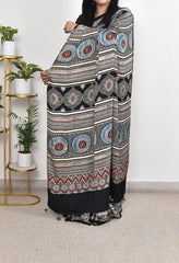 AJRAKH BLACK AND BLUE EYES MODAL SILK DIGITAL PRINTED SAREE