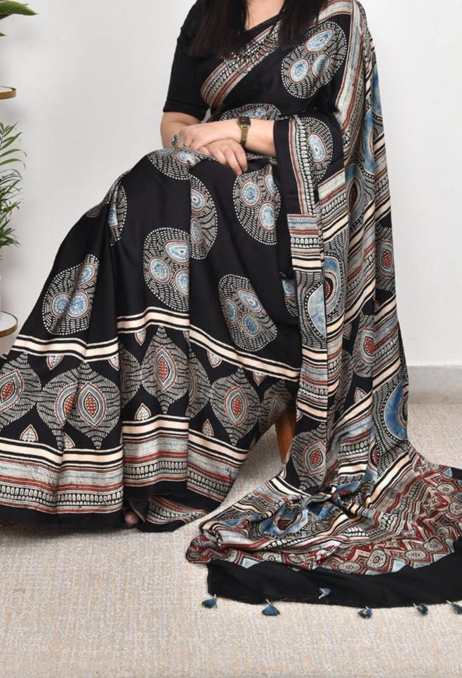 AJRAKH BLACK AND BLUE EYES MODAL SILK DIGITAL PRINTED SAREE