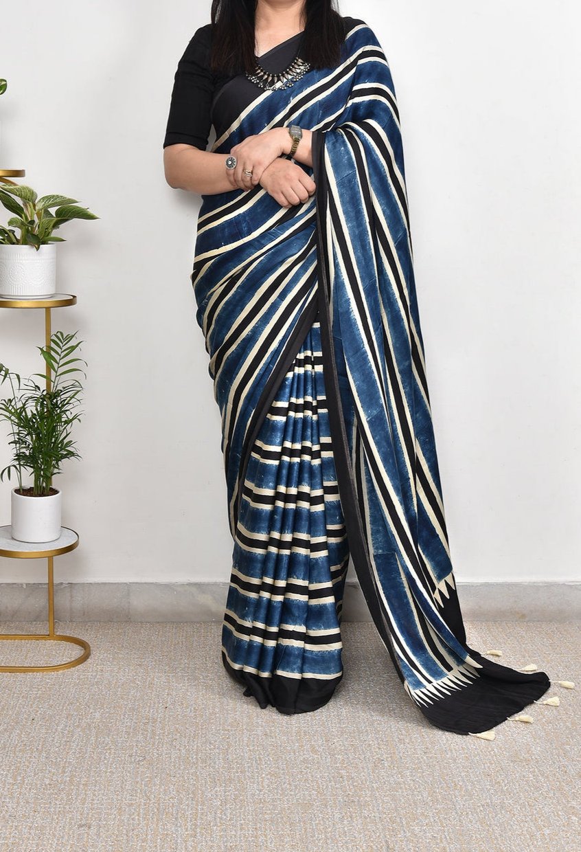 AJRAKH BLUE  MODAL SILK DIGITAL PRINTED SAREE