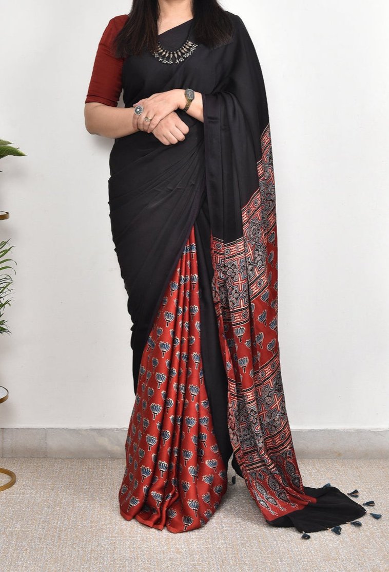 AJRAKH BLACK AND MAROON MODAL SILK DIGITAL PRINTED SAREE