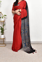 AJRAKH RED PLAIN MODAL SILK DIGITAL PRINTED SAREE