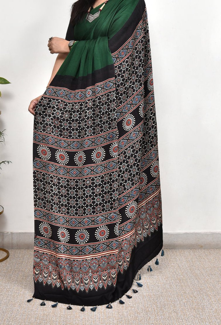 AJRAKH PALLU DARK FOREST GREEN MODAL SILK DIGITAL PRINTED SAREE