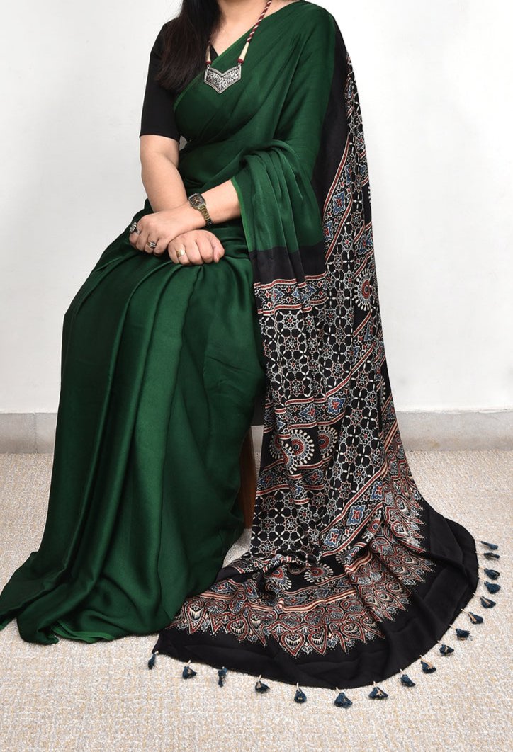 AJRAKH PALLU DARK FOREST GREEN MODAL SILK DIGITAL PRINTED SAREE