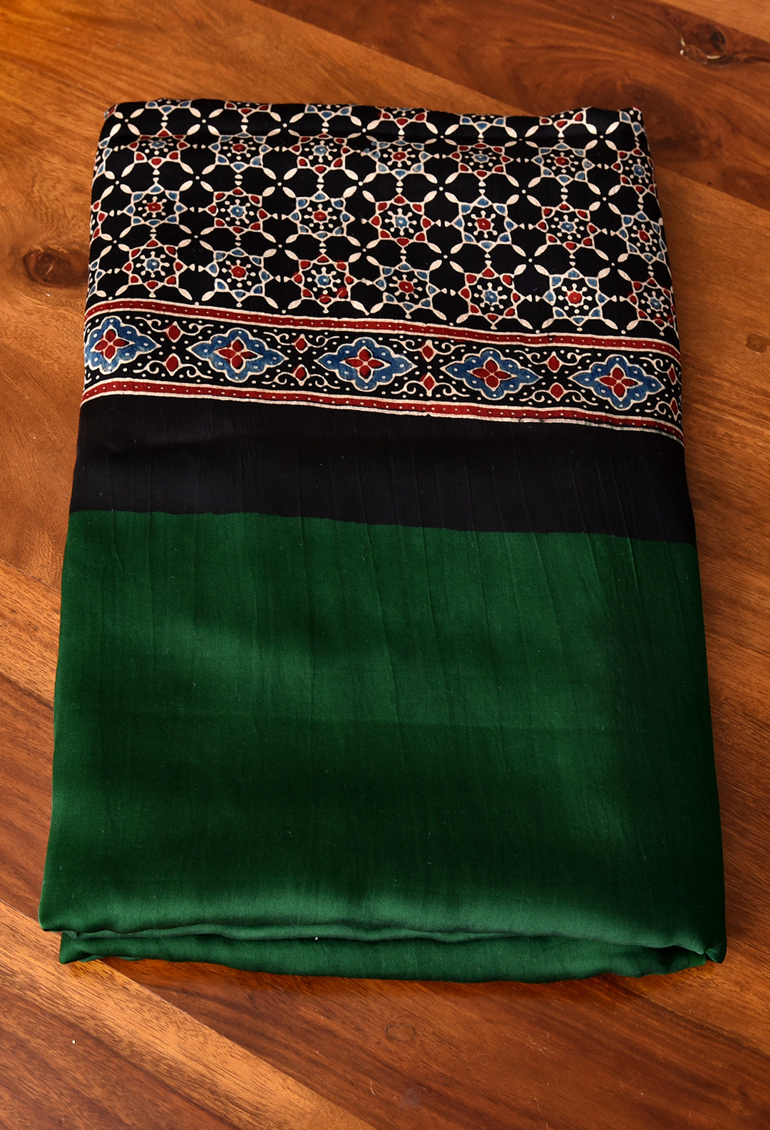 AJRAKH PALLU DARK FOREST GREEN MODAL SILK DIGITAL PRINTED SAREE