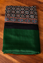 AJRAKH PALLU DARK FOREST GREEN MODAL SILK DIGITAL PRINTED SAREE