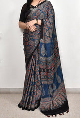 AJRAKH NAVY BLUE MODAL SILK DIGITAL PRINTED SAREE