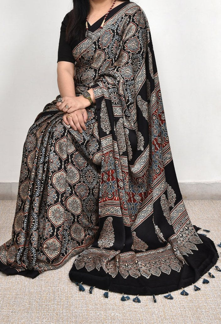 AJRAKH BEAUTIFUL BLACK  MODAL SILK DIGITAL PRINTED SAREE