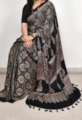 AJRAKH BEAUTIFUL BLACK  MODAL SILK DIGITAL PRINTED SAREE