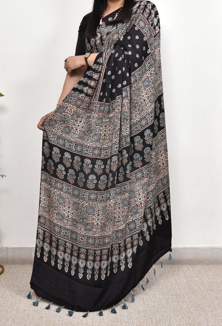 AJRAKH BEAUTIFUL BLACK  MODAL SILK DIGITAL PRINTED SAREE