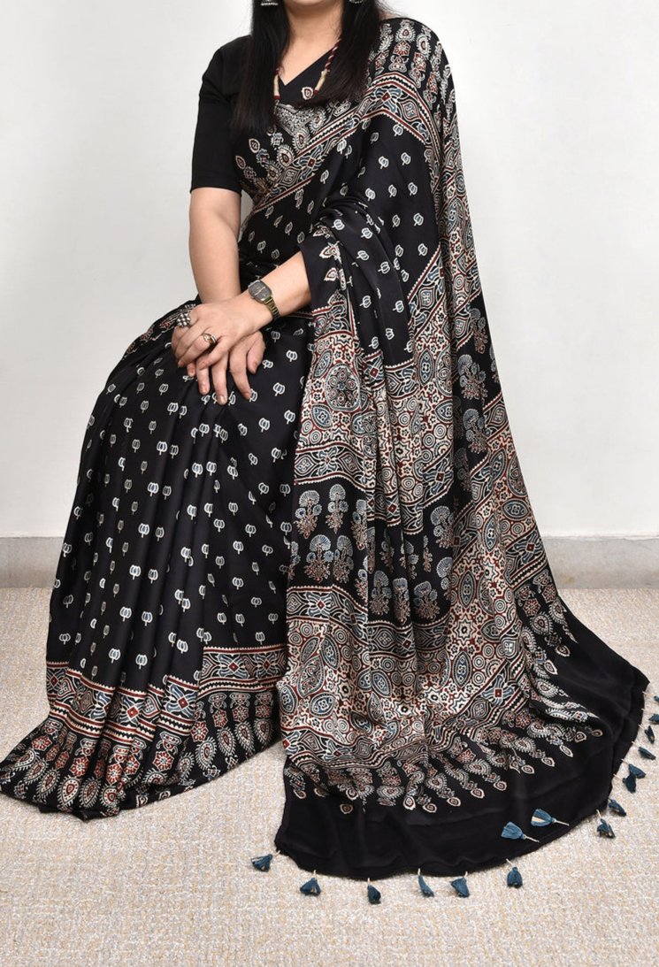 AJRAKH BEAUTIFUL BLACK  MODAL SILK DIGITAL PRINTED SAREE