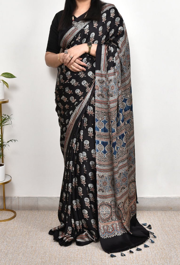 AJRAKH BLACK MODAL SILK DIGITAL PRINTED SAREE