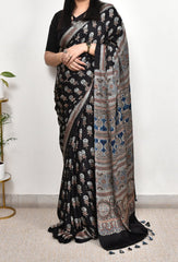 AJRAKH BLACK MODAL SILK DIGITAL PRINTED SAREE