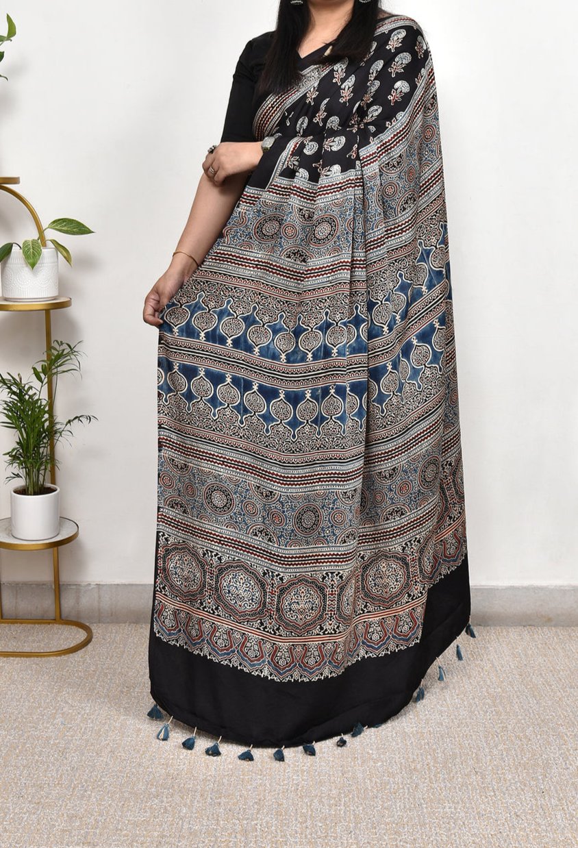 AJRAKH BLACK MODAL SILK DIGITAL PRINTED SAREE