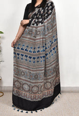 AJRAKH BLACK MODAL SILK DIGITAL PRINTED SAREE