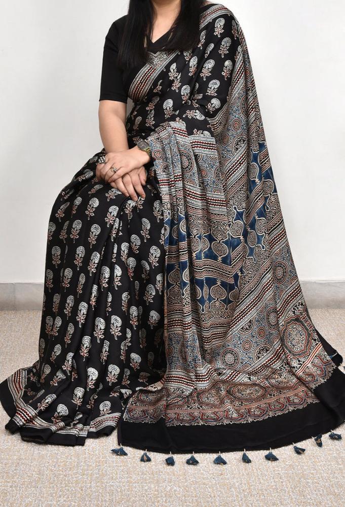 AJRAKH BLACK MODAL SILK DIGITAL PRINTED SAREE
