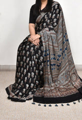 AJRAKH BLACK MODAL SILK DIGITAL PRINTED SAREE