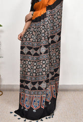 AJRAKH PALLU DARK MUSTRED MODAL SILK DIGITAL PRINTED SAREE