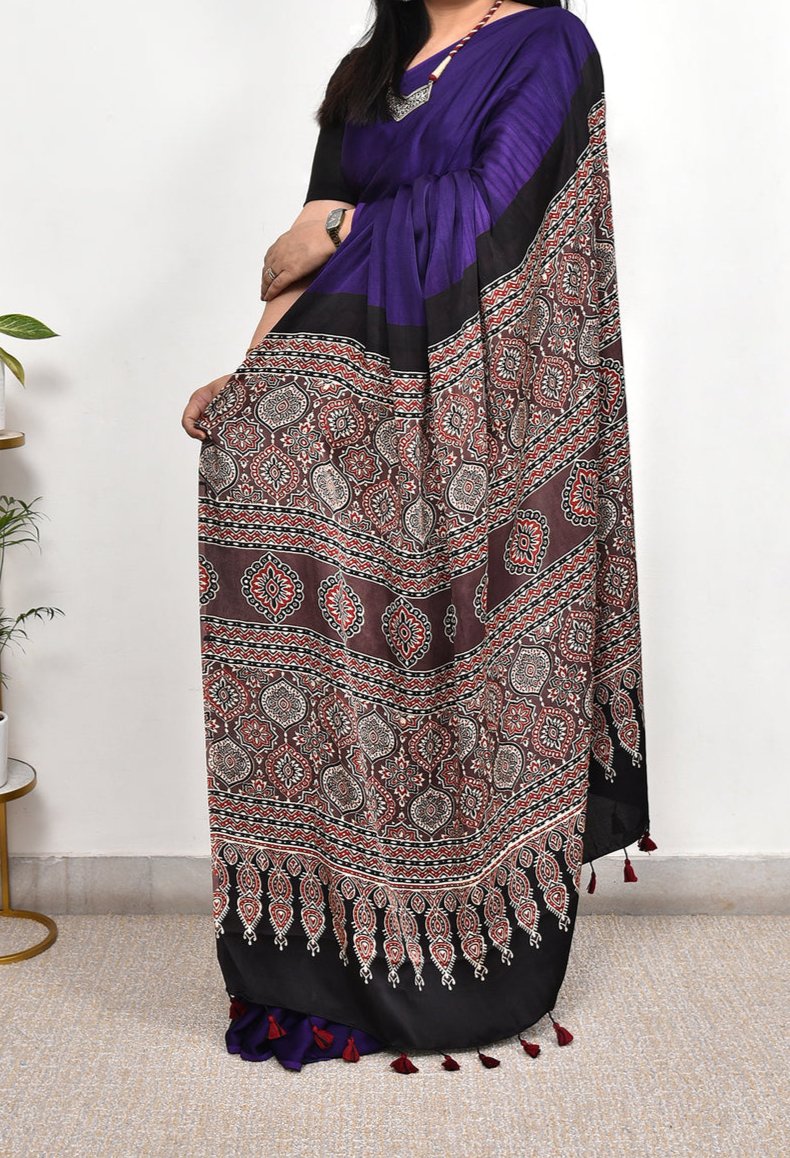 AJRAKH ROYAL BLUE WITH PURPAL MODAL SILK DIGITAL PRINTED SAREE