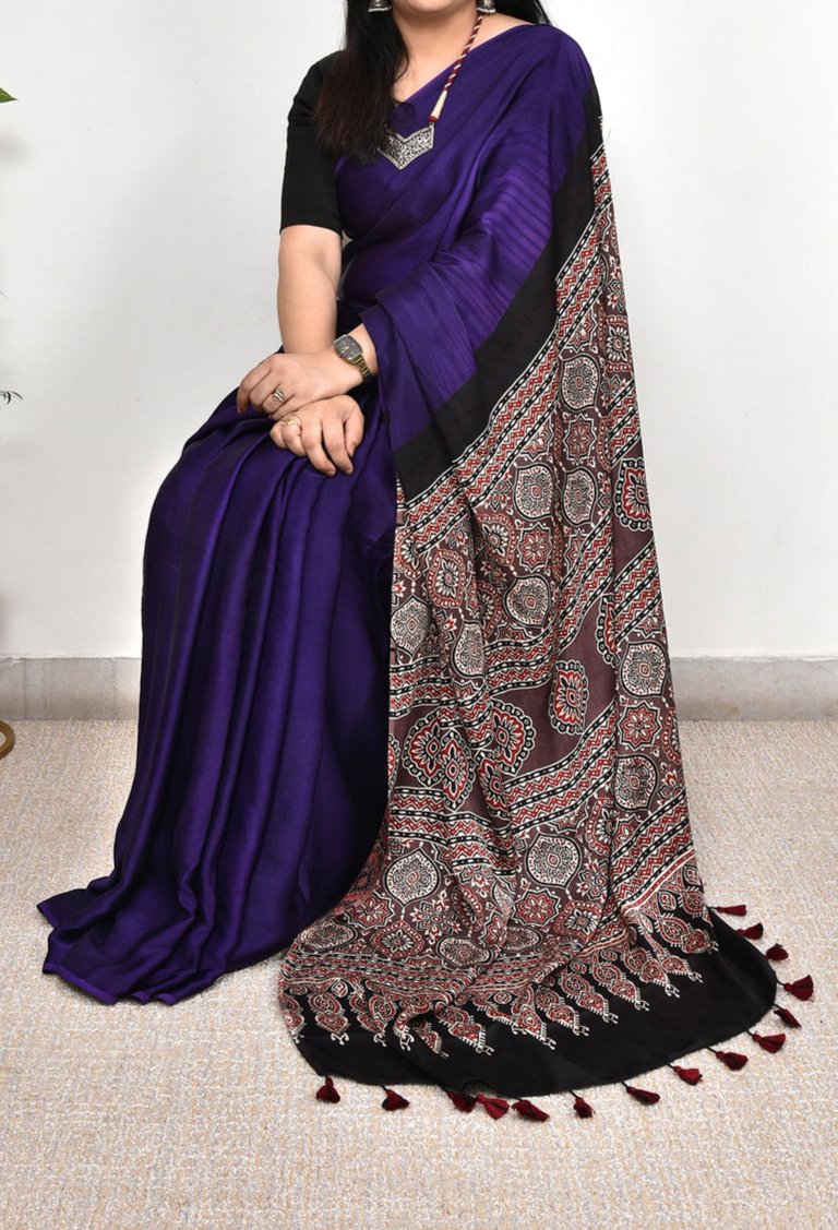 AJRAKH ROYAL BLUE WITH PURPAL MODAL SILK DIGITAL PRINTED SAREE