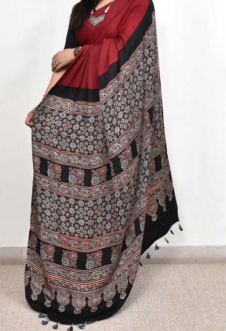 AJRAKH PALLU DARK MAROON MODAL SILK DIGITAL PRINTED SAREE