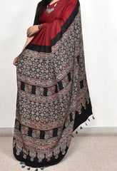 AJRAKH PALLU DARK MAROON MODAL SILK DIGITAL PRINTED SAREE