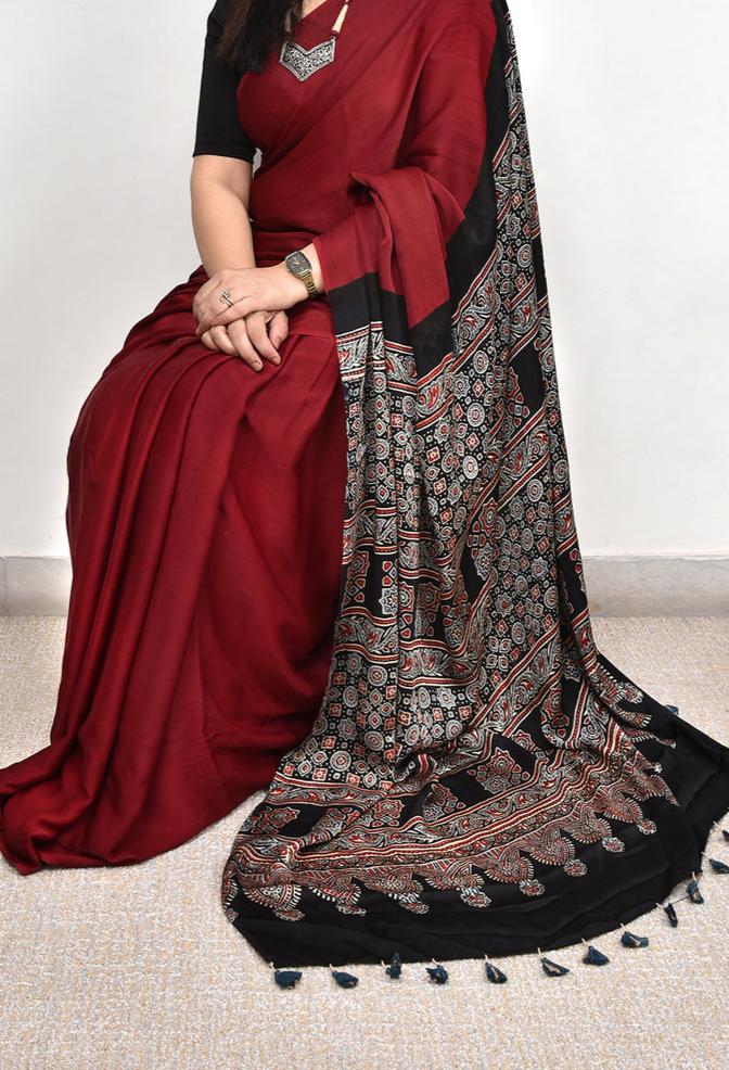AJRAKH PALLU DARK MAROON MODAL SILK DIGITAL PRINTED SAREE