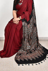 AJRAKH PALLU DARK MAROON MODAL SILK DIGITAL PRINTED SAREE