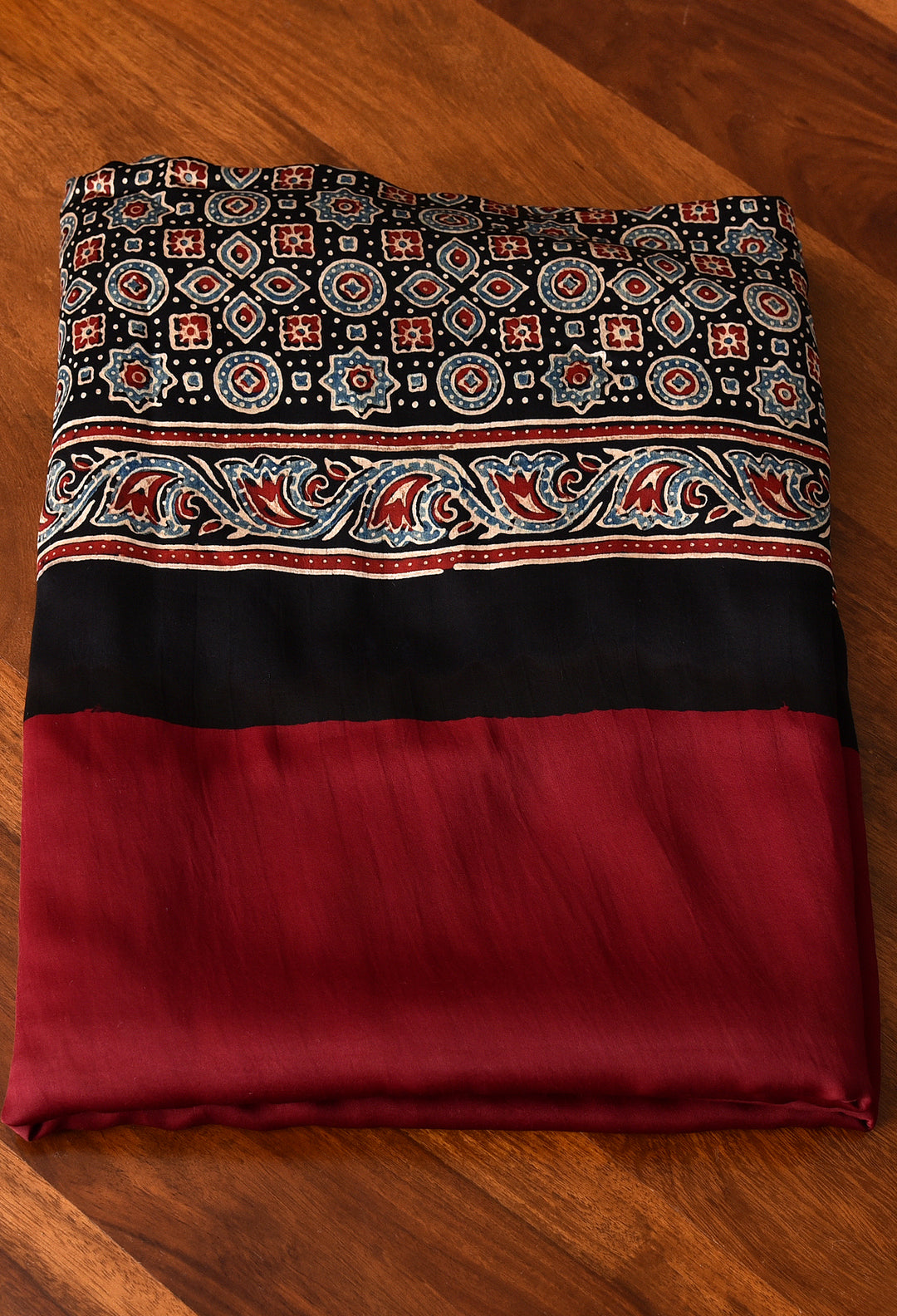 AJRAKH PALLU DARK MAROON MODAL SILK DIGITAL PRINTED SAREE