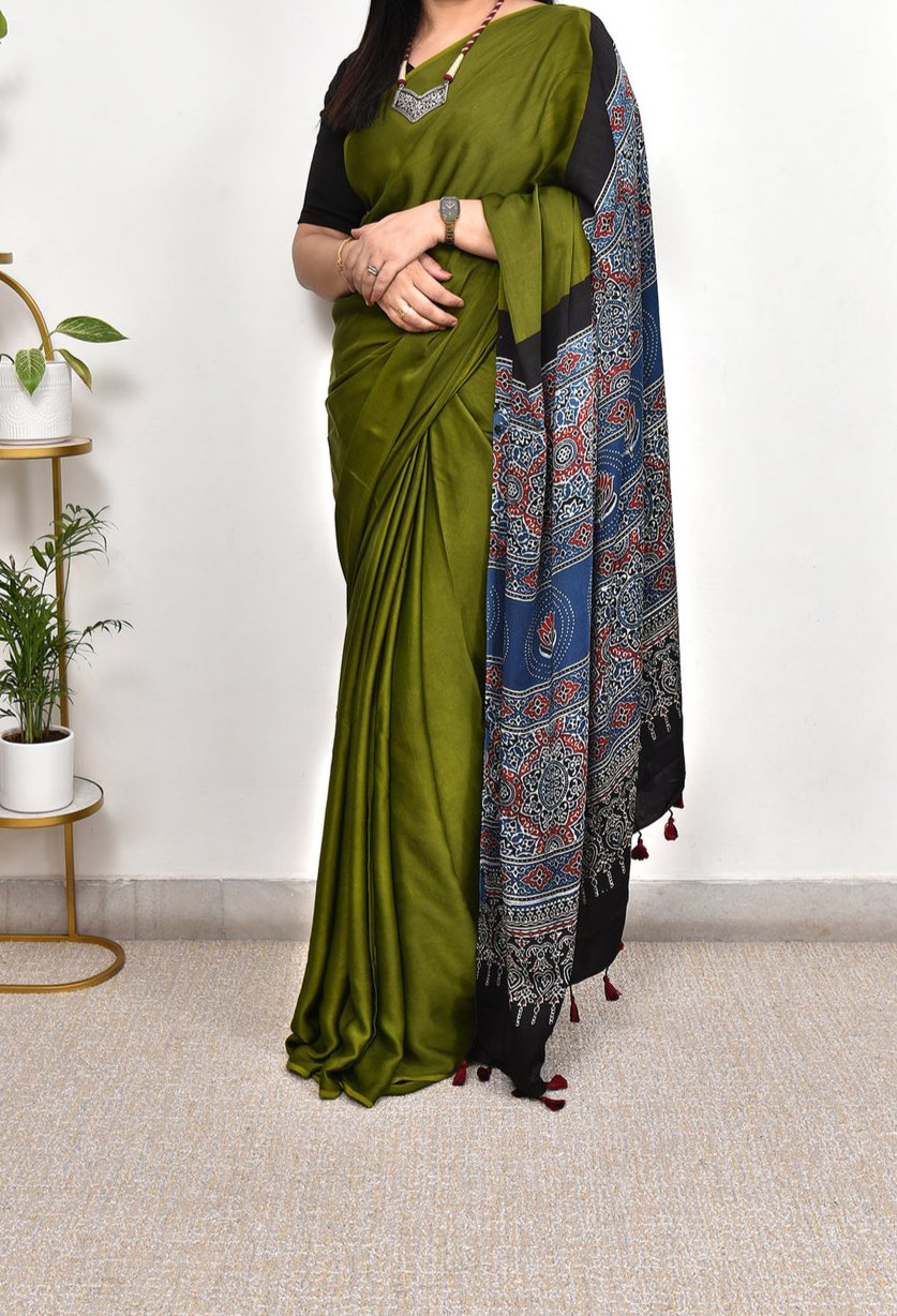 AJRAKH MAHENDI PLAIN BLUE MODAL SILK DIGITAL PRINTED SAREE