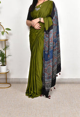 AJRAKH MAHENDI PLAIN BLUE MODAL SILK DIGITAL PRINTED SAREE