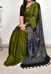 AJRAKH MAHENDI PLAIN BLUE MODAL SILK DIGITAL PRINTED SAREE