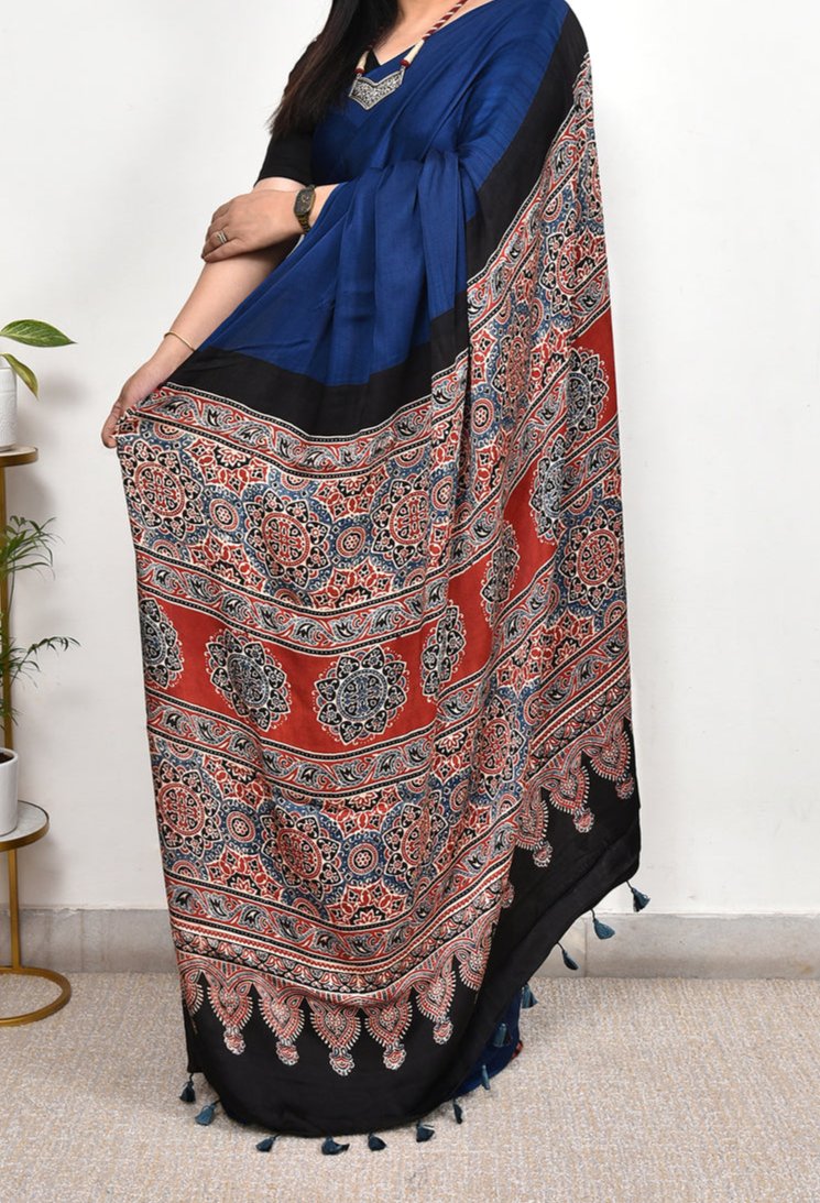 AJRAKH BLUE MODAL SILK DIGITAL PRINTED SAREE