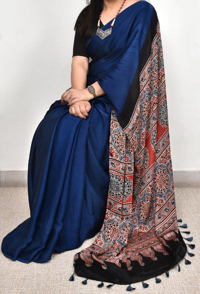 AJRAKH BLUE MODAL SILK DIGITAL PRINTED SAREE