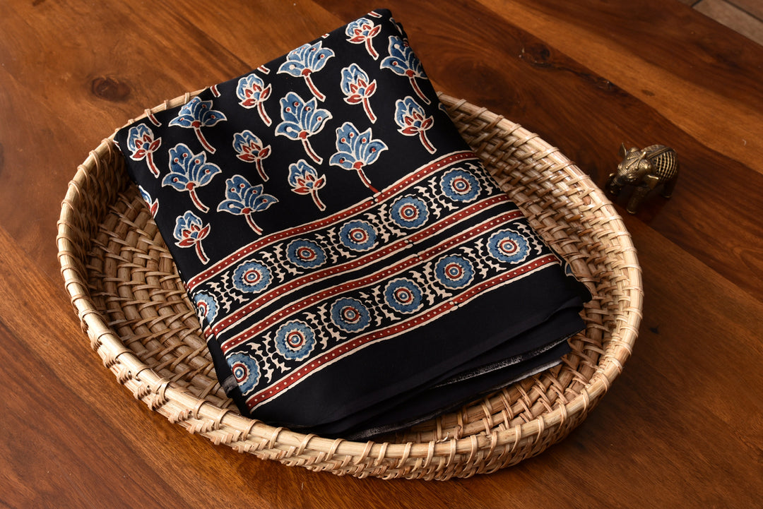 AJRAKH BLACK BIG FLORAL  MODAL SILK DIGITAL PRINTED SAREE