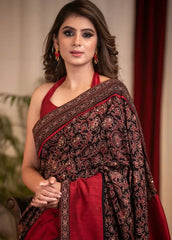 Red Ajrakh Designer Linen saree With Blouse Piece