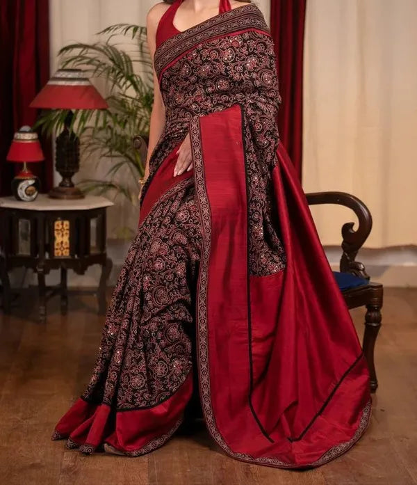 Red Ajrakh Designer Linen saree With Blouse Piece