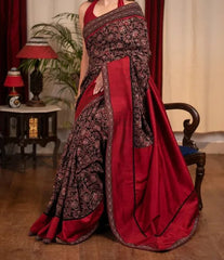 Red Ajrakh Designer Linen saree With Blouse Piece