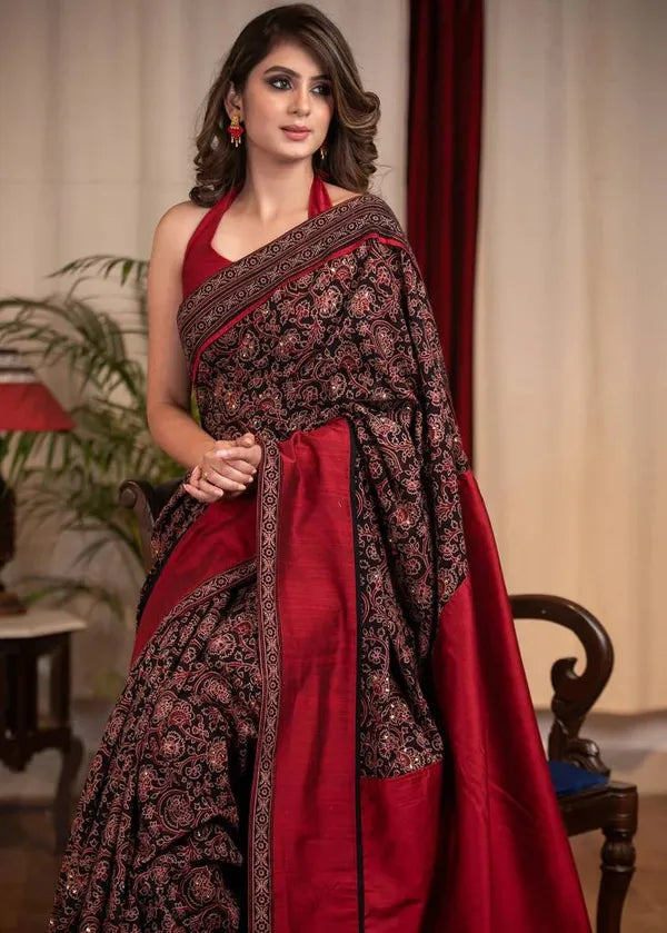 Red Ajrakh Designer Linen saree With Blouse Piece