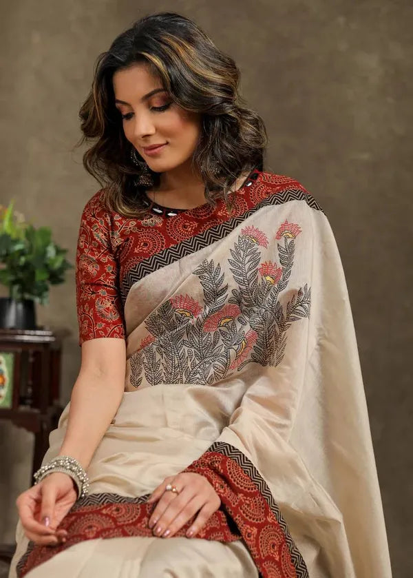 Brown & Cream Leaf Designer Linen Saree